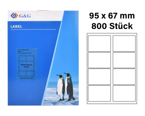 G&G 800 Etiketten 95 x 67 mm (auf 100 Blätter A4) für Tintenstrahl- und Laserdrucker geeignet