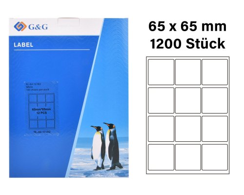 G&G 1200 Etiketten 65 x 65 mm (auf 100 Blätter A4) für Tintenstrahl- und Laserdrucker geeignet