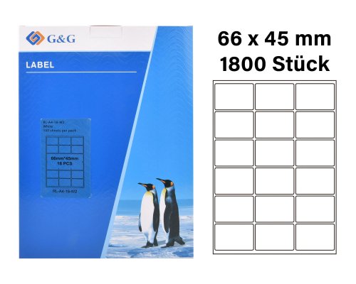G&G 1800 Etiketten 66 x 45 mm (auf 100 Blätter A4) für Tintenstrahl- und Laserdrucker geeignet
