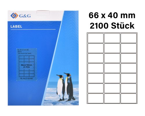 G&G 2100 Etiketten 66 x 40 mm (auf 100 Blätter A4) für Tintenstrahl- und Laserdrucker geeignet