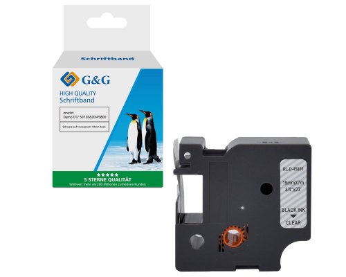 Kompatibel mit Dymo D1/ 45800/ S0720820 Schriftband (19mm x 7m) Schwarz auf transparent jetzt kaufen - Marke: G&G