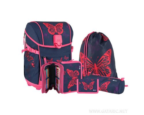 Spirit SMART-Light Schulranzen Set Butterfly, 5-teilig mit LED-Magnet-Schloss und höhenverstellbaren Schultergurten