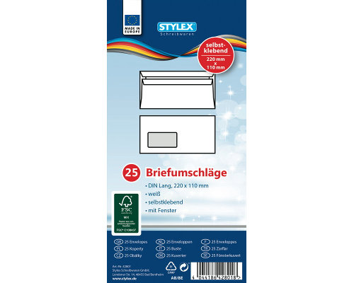 25 Briefumschläge DIN Lang, mit Fenster, selbstklebend, weiß