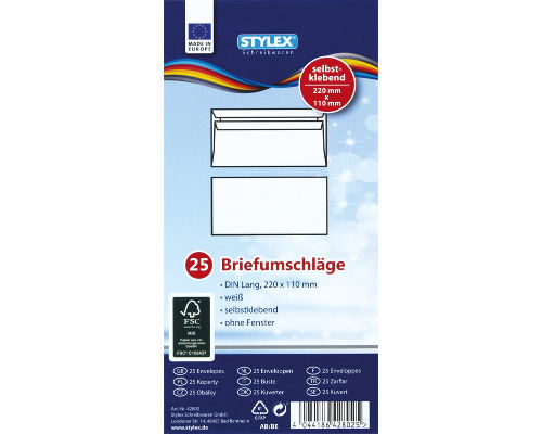 25 Briefumschläge DIN Lang, ohne Fenster, selbstklebend, weiß