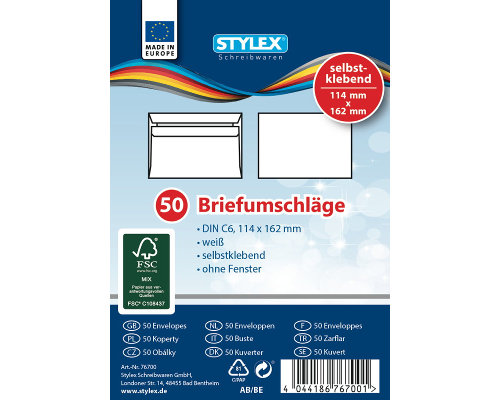 50 Briefumschläge, C6, ohne Fenster, weiß, selbstklebend