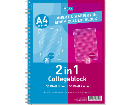 Stylex Collegeblock DIN-A4, 2-in-1: kariert (50 Blatt) und liniert (30 Blatt)