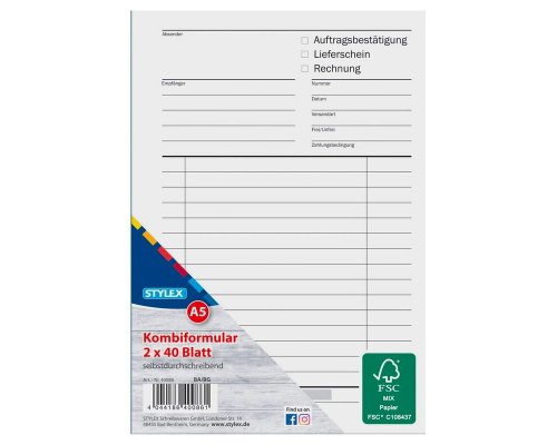 Stylex Kombiformular (wahlweise Auftragsbestätigung, Lieferschein oder Rechnung) 2 x 40 Blatt FSC-Papier