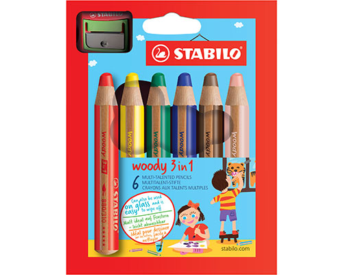 Multitalent-Stift STABILO® woody 3 in 1, Kartonetui mit 6 Stiften und 1 Spitzer