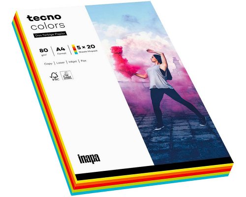 Farbiges Druckerpapier tecno colors Intensiv Kleinverpackung gemischt sortiert (5 x 20 Farben: Gelb, orange, dunkelrot, grün, blau)