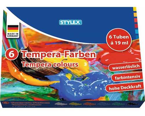 Stylex Temperafarben, 6x 19ml: weiß, Gelb, rot, blau, grün, Schwarz