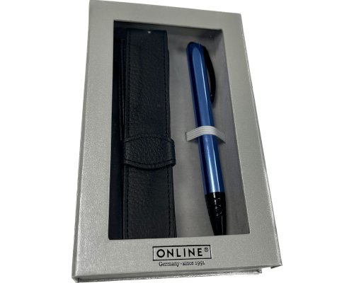 ONLINE Geschenkset: Aluminium-Drehkugelschreiber Vision Magic, Gehäusefarbe: blau + Leder-Etui in hochwertiger Geschenkverpackung