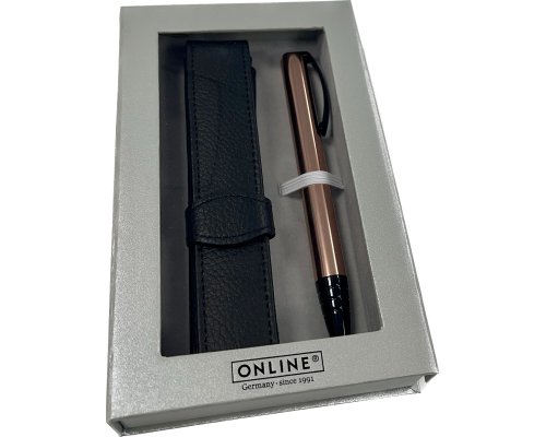 ONLINE Geschenkset: Aluminium-Drehkugelschreiber Vision Magic, Gehäusefarbe: rosegold + Leder-Etui in hochwertiger Geschenkverpackung