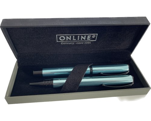 ONLINE Schreibset: Design-Füllhalter Vision Magic + Drehkugelschreiber Vision Magic (Mine M) aus purem Aluminium in hochwertiger Geschenkbox - Farbe: türkis