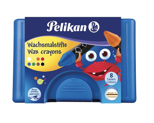 Pelikan dicke Wachsmalstifte, rund, wasservermalbar, mit Banderole - Set mit 8 Stiften in Kunsttoffetui - 666/8